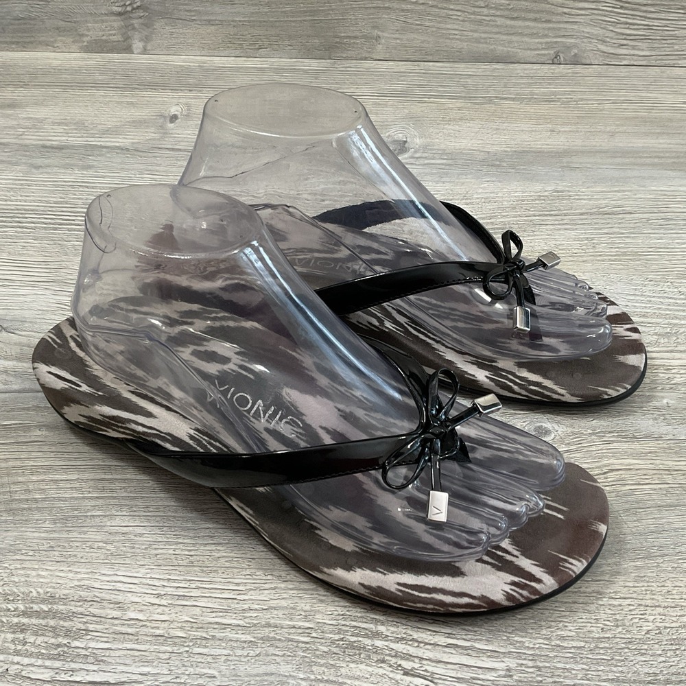 Vionic Belle ll Thong Sandals Zebra Pattern Patent Strap Bow Women's Size 8 US